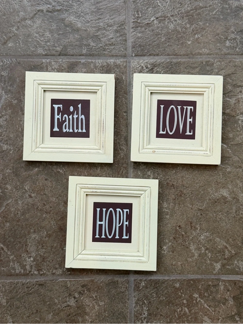 Set of 3 Vintage Inspirational Wall Art- Faith Love Hope - Cream Picture Frames